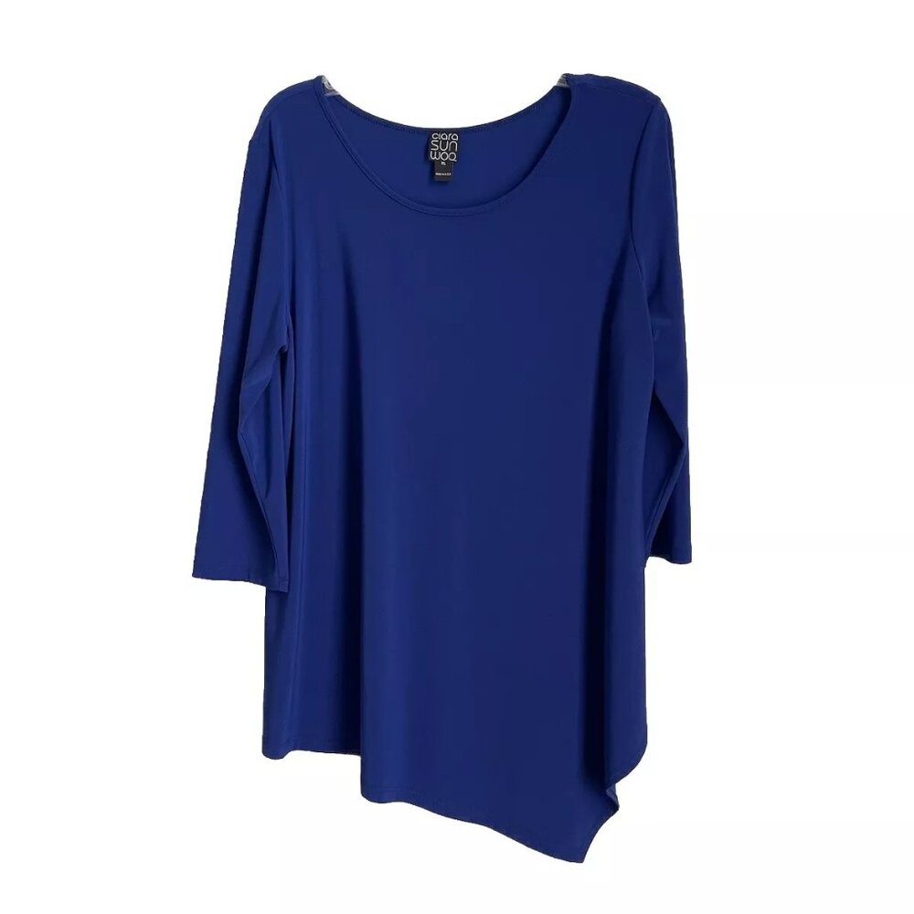Clara Sun Woo Blue 3/4 Sleeve Asymmetrical Hem Tunic Wrinkle Free Slinky